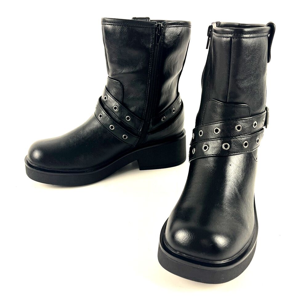 POP Biker Boots Womens SZ 8M Black Faux Leather Buckle Strap Zip Block Heel